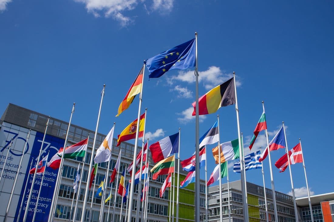 Flags of European Union member states outside an institutional building.